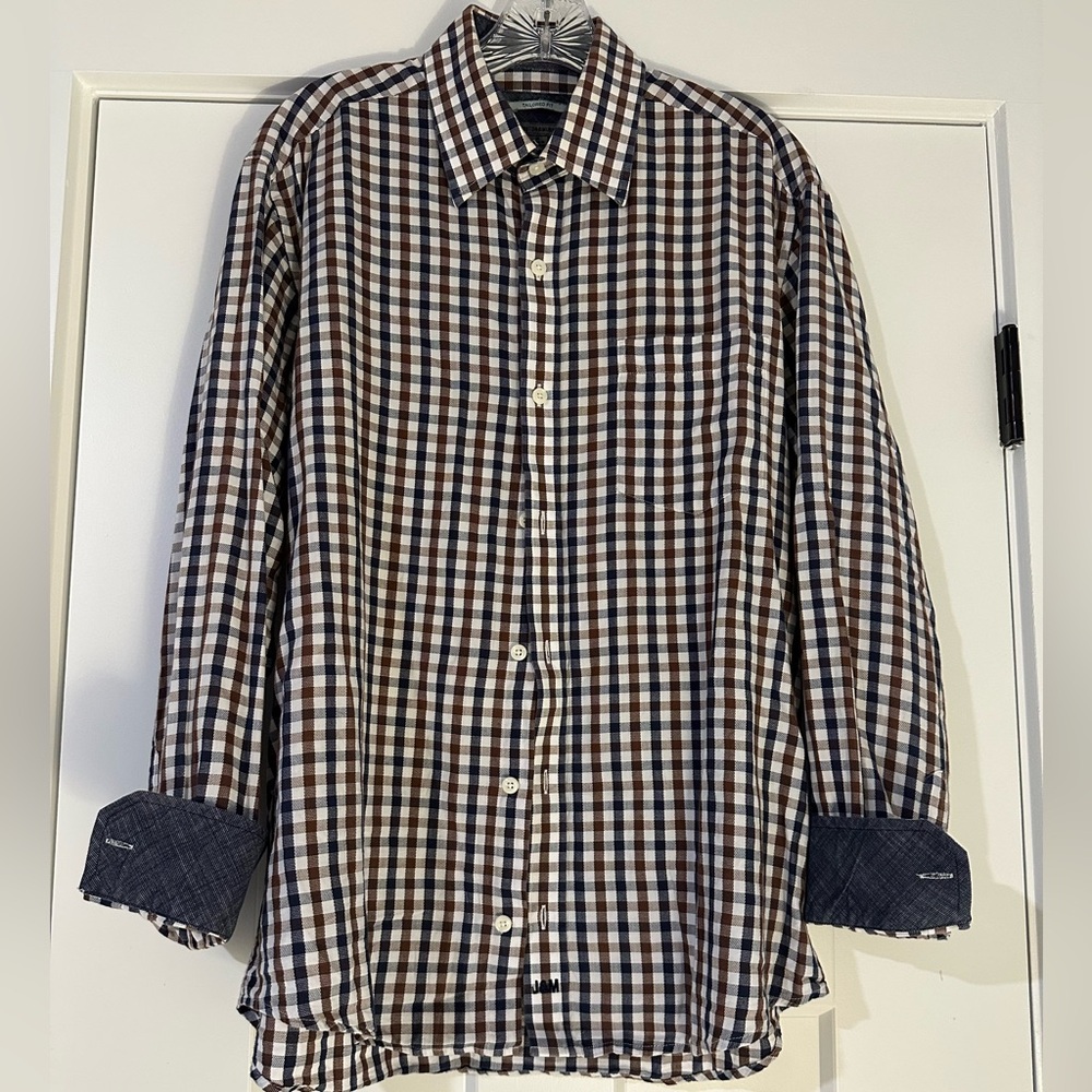 Johnston & Murphy Men's Plaid Shirt M - Brown, Navy Blue, and White long sleeved
